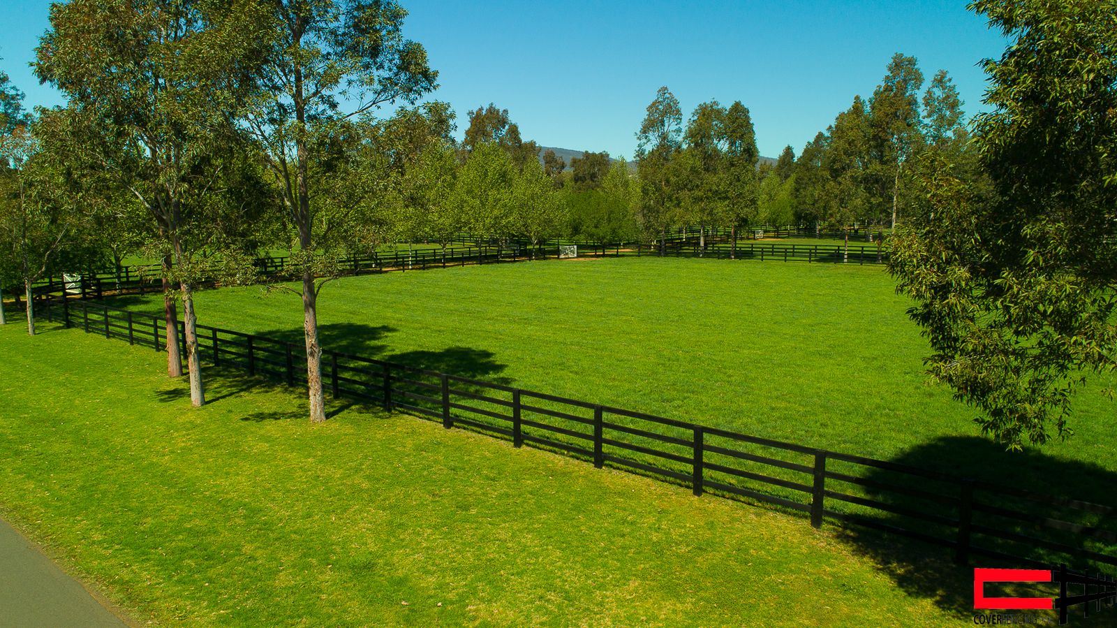 Black post-and-rail fence following a tree-lined paddock boundary
